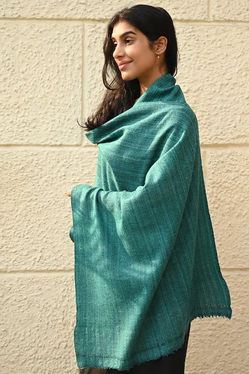 The ICH Fine, Soft Himachal Wool Self Striped Plain Stole - Teal Stripes