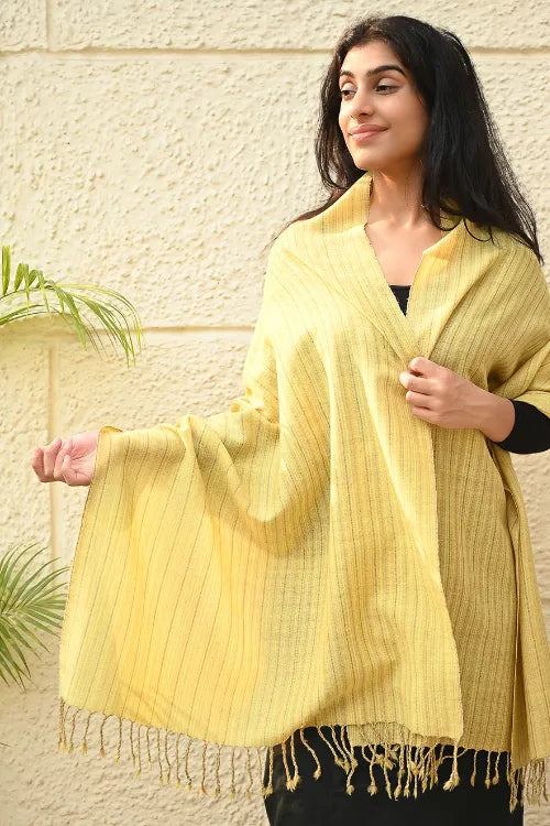 The ICH Fine, Soft Himachal Wool Self Striped Plain Stole - Lemon Rays