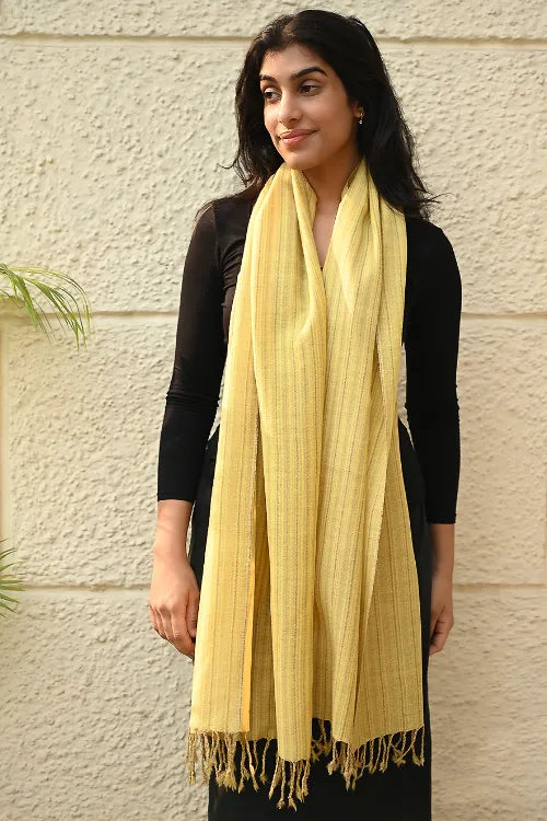 The ICH Fine, Soft Himachal Wool Self Striped Plain Stole - Lemon Rays