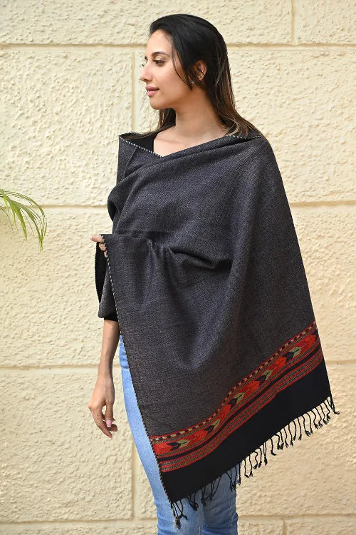 The ICH Exclusive Soft Himachal Wool Stole With Woven Border - Gun Stone