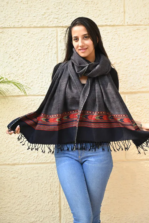 The ICH Exclusive Soft Himachal Wool Stole With Woven Border - Gun Stone