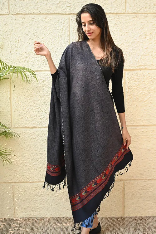 The ICH Exclusive Soft Himachal Wool Stole With Woven Border - Gun Stone