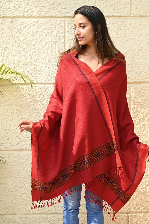 The ICH Exclusive Soft Himachal Wool Stole With Woven Border - Scarlet Trail