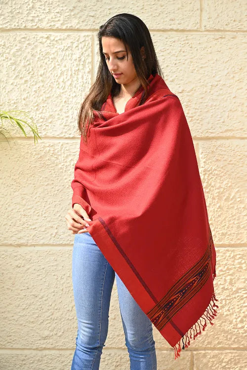 The ICH Exclusive Soft Himachal Wool Stole With Woven Border - Scarlet Trail