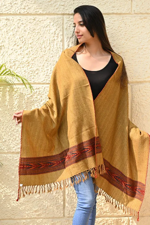 The ICH Exclusive Soft Himachal Wool Stole With Woven Border - Sandstone
