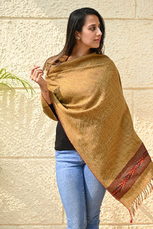 The ICH Exclusive Soft Himachal Wool Stole With Woven Border - Sandstone