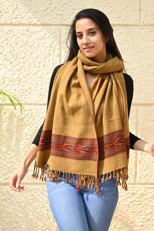 The ICH Exclusive Soft Himachal Wool Stole With Woven Border - Sandstone