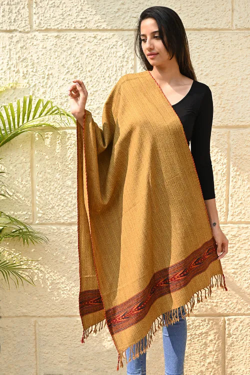 The ICH Exclusive Soft Himachal Wool Stole With Woven Border - Sandstone