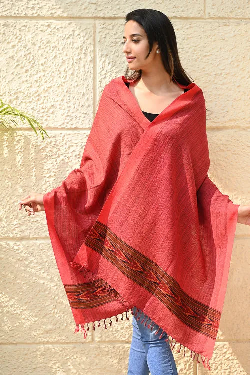 The ICH Exclusive Soft Himachal Wool Stole With Woven Border - Coral Trail