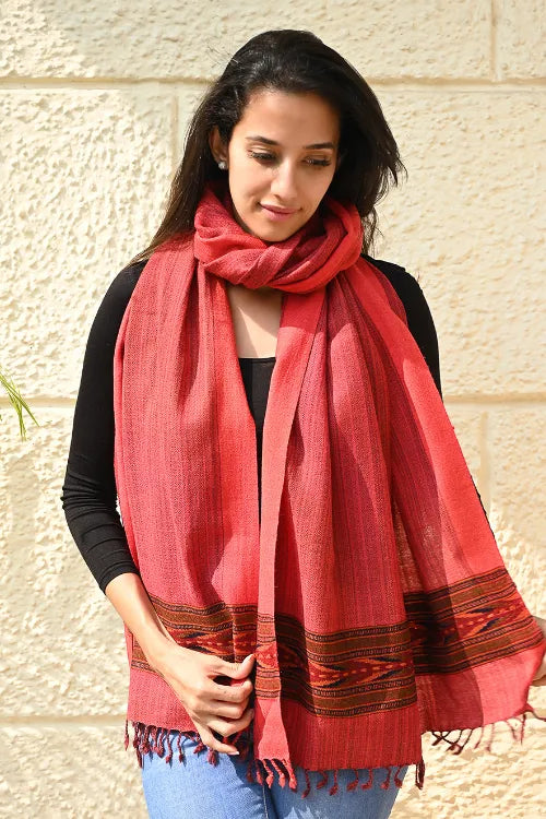 The ICH Exclusive Soft Himachal Wool Stole With Woven Border - Coral Trail