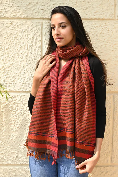 The ICH Exclusive Soft Himachal Wool Stole With Woven Border - Ember Stripes