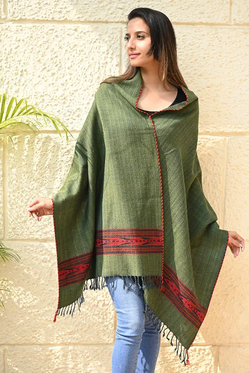 The ICH Exclusive Soft Himachal Wool Stole With Woven Border - Pine & Rust