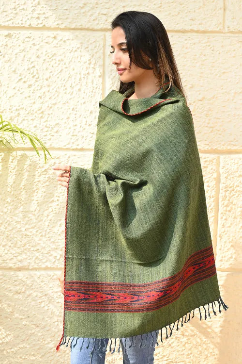 The ICH Exclusive Soft Himachal Wool Stole With Woven Border - Pine & Rust