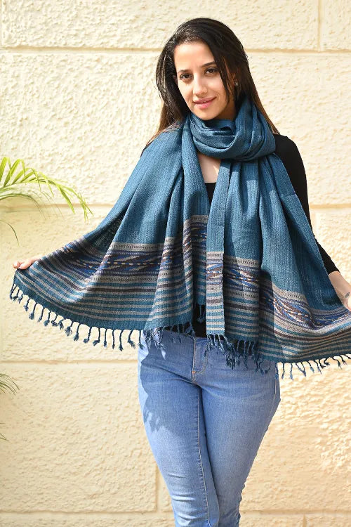 The ICH Exclusive Soft Himachal Wool Stole With Woven Border - Teal Slate