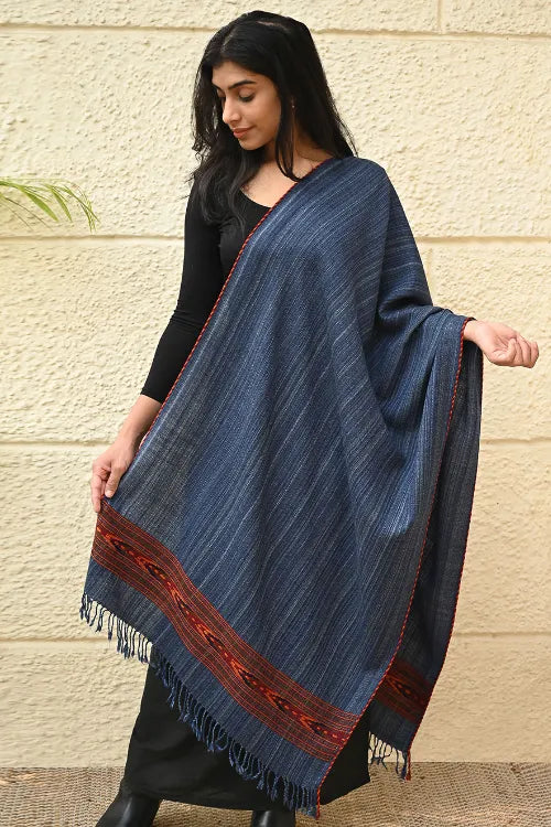 The ICH Exclusive Soft Himachal Wool Stole With Woven Border - Indigo Trail