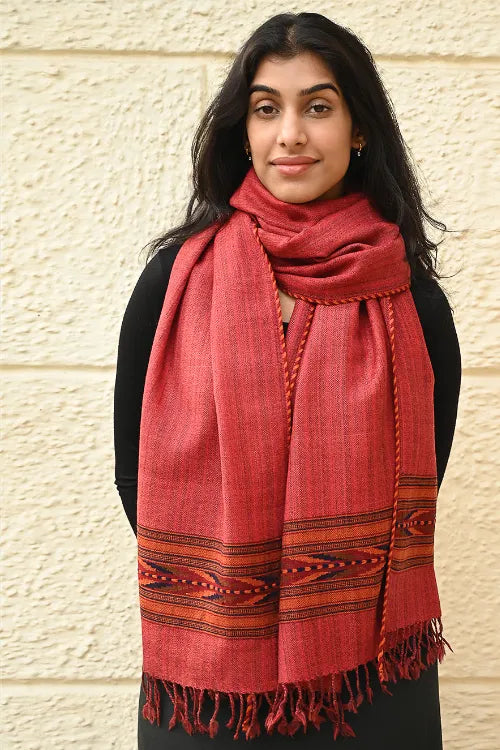 The ICH Exclusive Soft Himachal Wool Stole With Woven Border - Coral Bloom