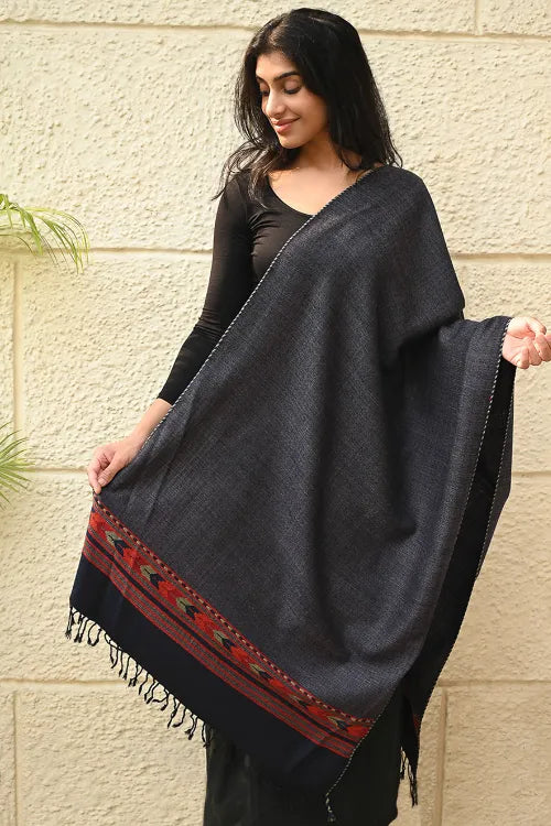 The ICH Exclusive Soft Himachal Wool Stole With Woven Border - Smoky Trail