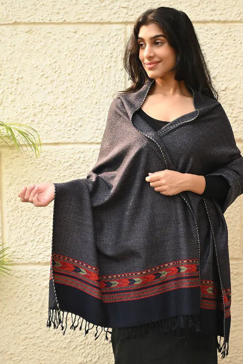 The ICH Exclusive Soft Himachal Wool Stole With Woven Border - Smoky Trail