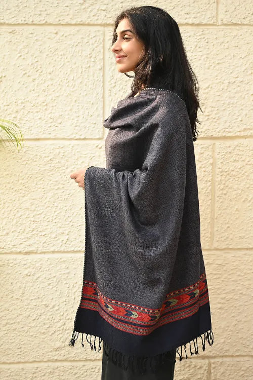 The ICH Exclusive Soft Himachal Wool Stole With Woven Border - Smoky Trail
