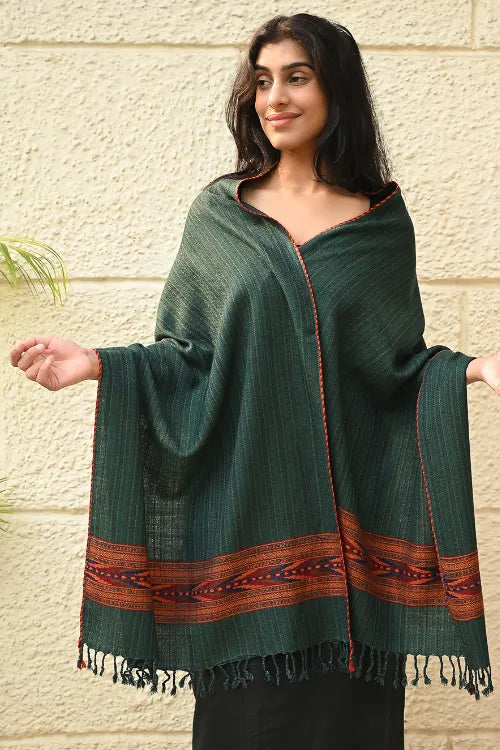 The ICH Exclusive Soft Himachal Wool Stole With Woven Border - Moss Trail