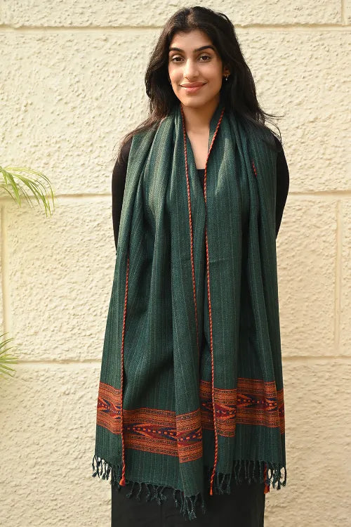 The ICH Exclusive Soft Himachal Wool Stole With Woven Border - Moss Trail