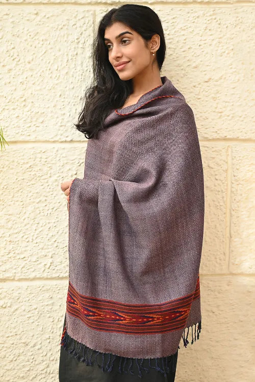 The ICH Exclusive Soft Himachal Wool Stole With Woven Border - Slate Violet