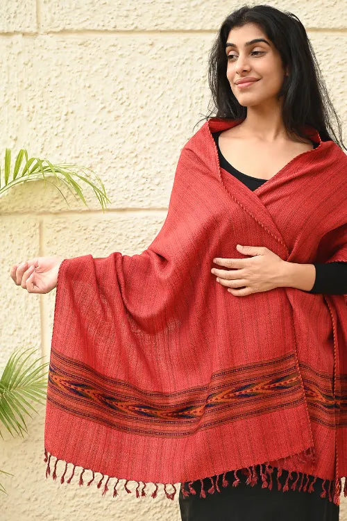 The ICH Exclusive Soft Himachal Wool Stole With Woven Border - Redwood Ember