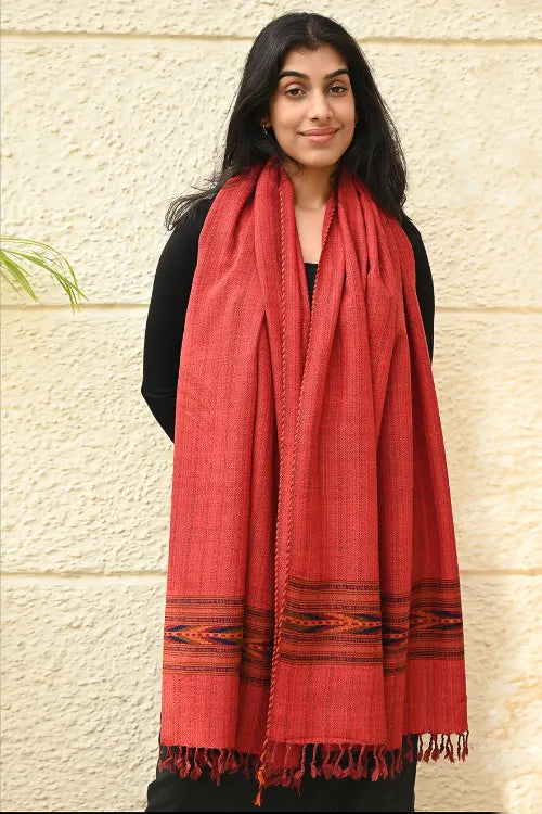 The ICH Exclusive Soft Himachal Wool Stole With Woven Border - Redwood Ember