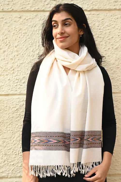 The ICH Exclusive Soft Himachal Wool Stole With Woven Border - Moonlight Trail