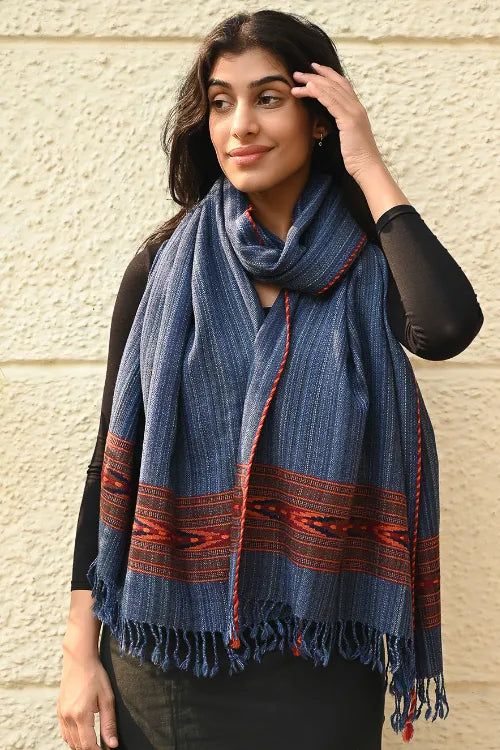 The ICH Exclusive Soft Himachal Wool Stole With Woven Border - Indigo Glen