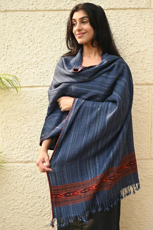 The ICH Exclusive Soft Himachal Wool Stole With Woven Border - Indigo Glen