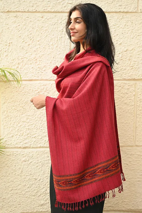 The ICH Exclusive Soft Himachal Wool Stole With Woven Border - Sunset Rose