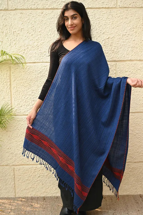 The ICH Exclusive Soft Himachal Wool Stole With Woven Border - Ocean Trail