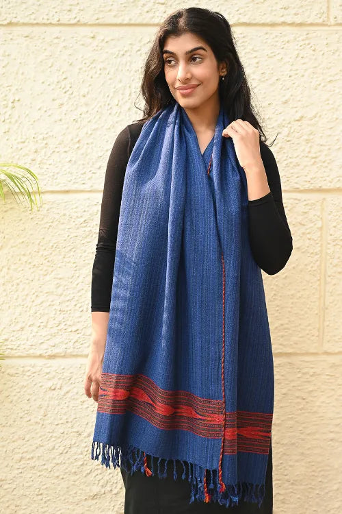 The ICH Exclusive Soft Himachal Wool Stole With Woven Border - Ocean Trail