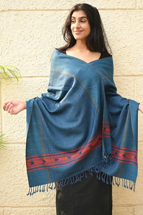 The ICH Exclusive Soft Himachal Wool Stole With Woven Border - Cobalt Trail