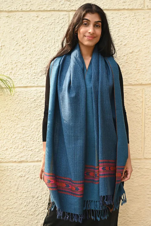 The ICH Exclusive Soft Himachal Wool Stole With Woven Border - Cobalt Trail
