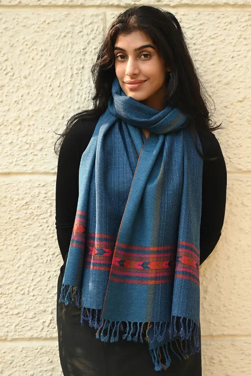 The ICH Exclusive Soft Himachal Wool Stole With Woven Border - Cobalt Trail