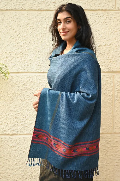 The ICH Exclusive Soft Himachal Wool Stole With Woven Border - Cobalt Trail