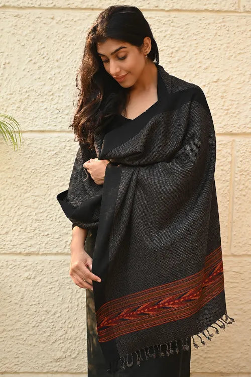 The ICH Exclusive Soft Himachal Wool Stole With Woven Border - Charcoal Cascade