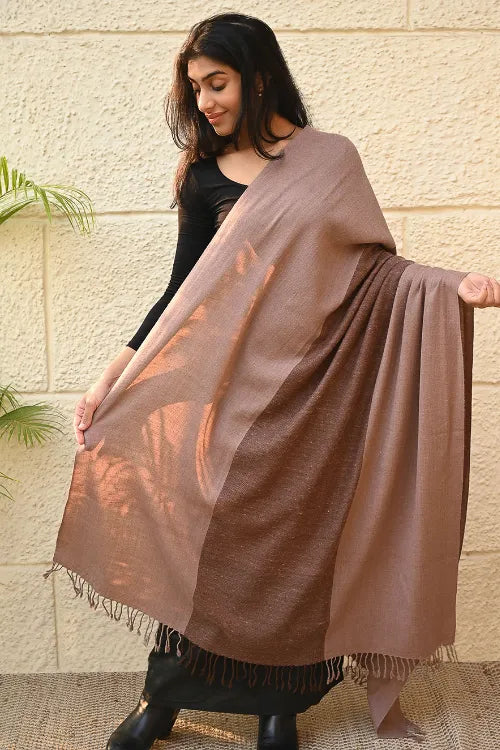 The ICH Fine, Soft Himachal Wool Self Striped Shawl - Caramel And Cream
