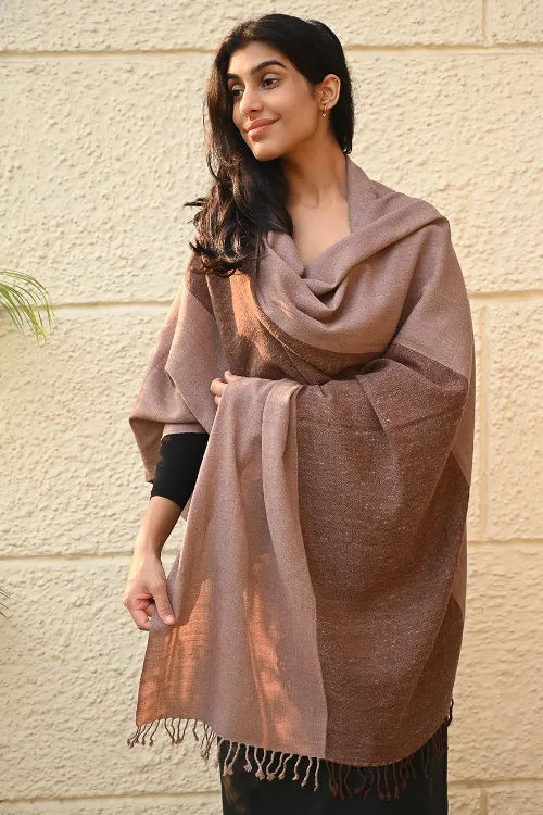 The ICH Fine, Soft Himachal Wool Self Striped Shawl - Caramel And Cream