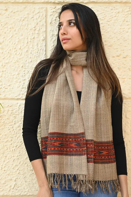 The ICH Exclusive Soft Himachal Wool Muffler With Woven Border - Fawn Beige