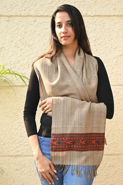 The ICH Exclusive Soft Himachal Wool Muffler With Woven Border - Fawn Beige
