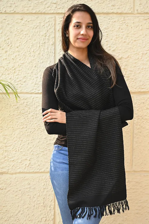 The ICH Fine, Soft Himachal Wool Striped Muffler - Iron Mist