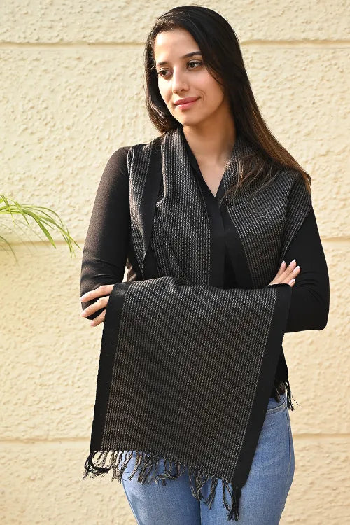 The ICH Fine, Soft Himachal Wool Striped Muffler - Iron Mist