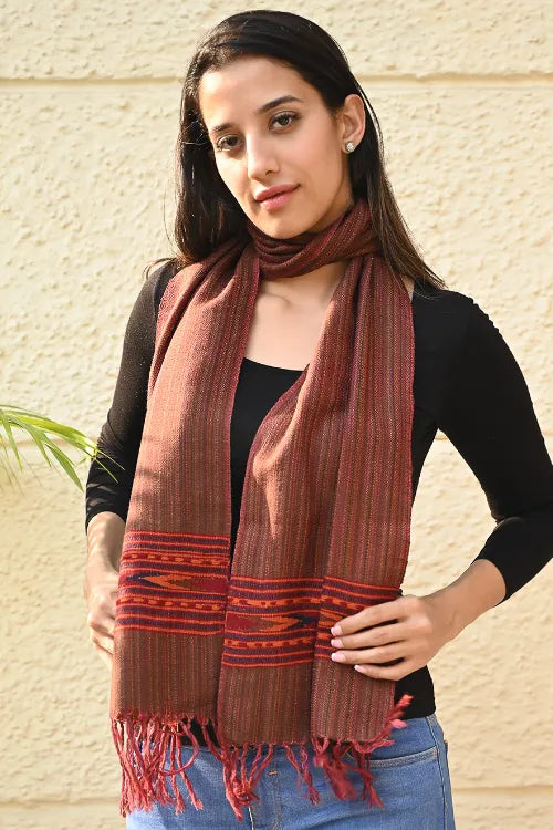 The ICH Exclusive Soft Himachal Wool Muffler With Woven Border - Hot Chocolate