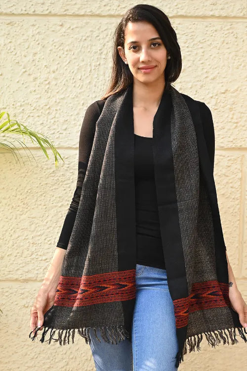 The ICH Exclusive Soft Himachal Wool Muffler With Woven Border - Smoke Nest