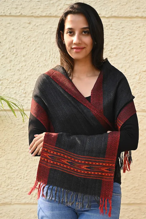 The ICH Exclusive Soft Himachal Wool Muffler With Woven Border - Graphite Mist