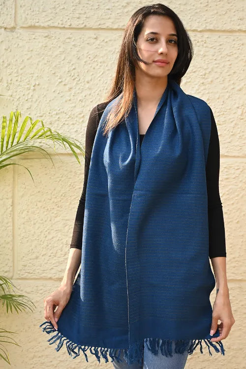 The ICH Exclusive Soft Himachal Wool Muffler With Woven Border - Midnight Stripes