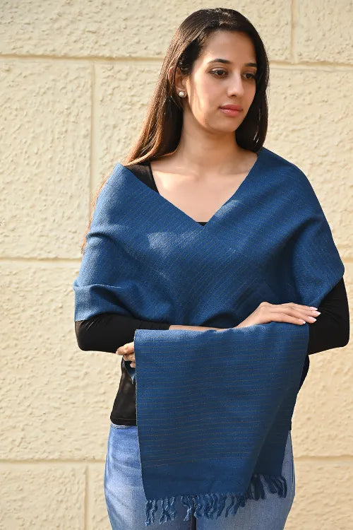 The ICH Exclusive Soft Himachal Wool Muffler With Woven Border - Midnight Stripes
